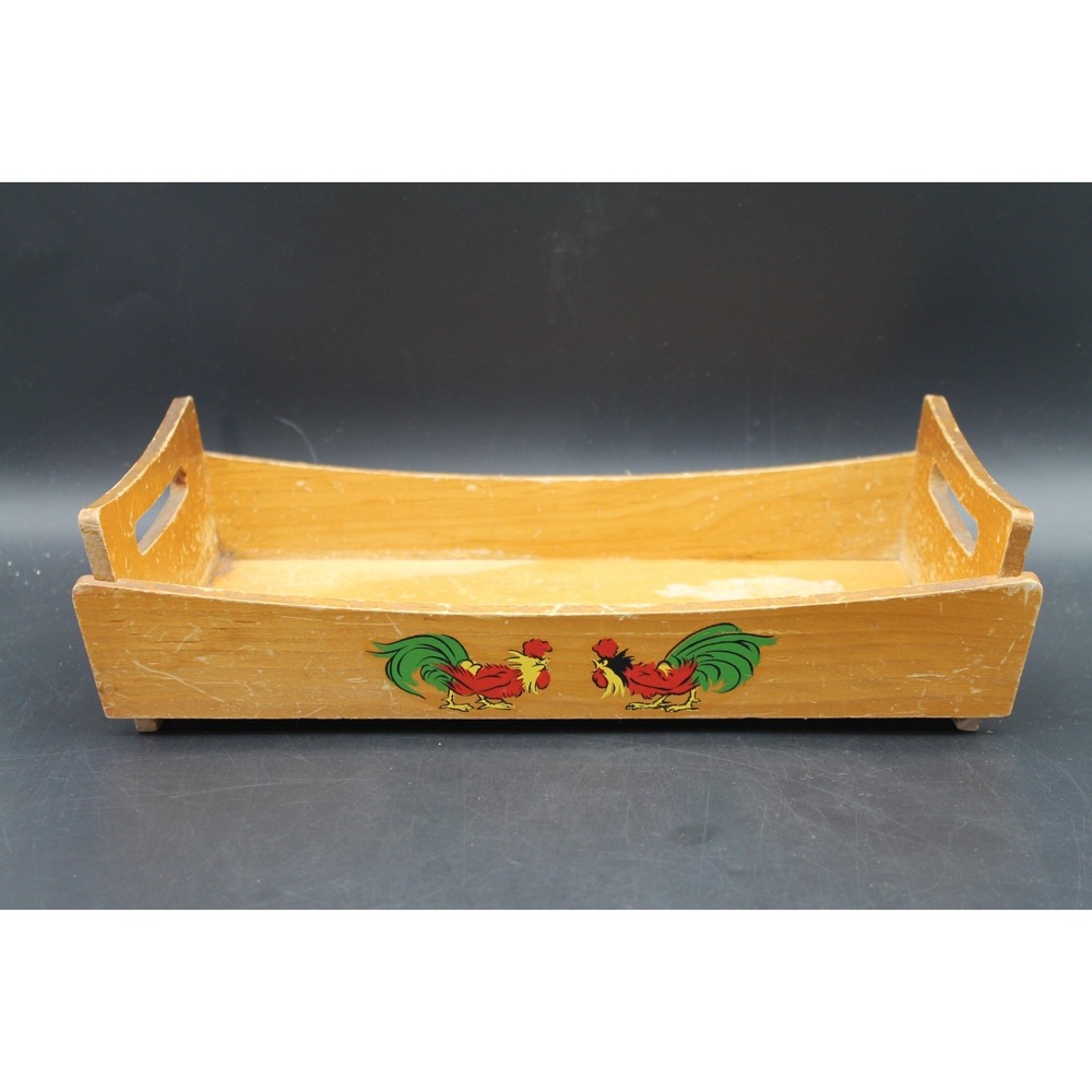Vintage Wooden Serving Tray Rooster Folk Art Country Farmhouse Bread Basket 13"